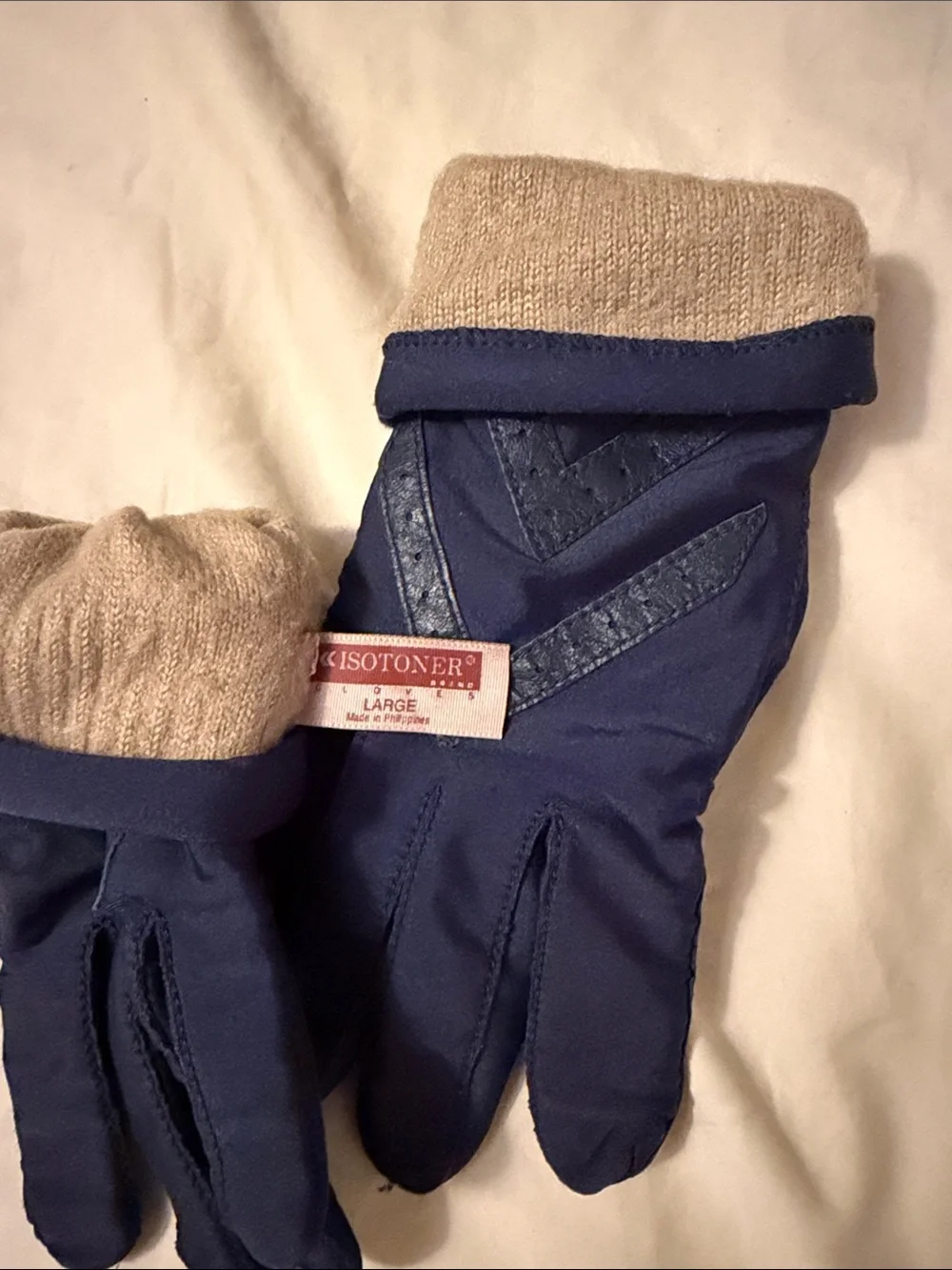 isotoner Navy Gloves with Tan Cuff and Chevron Accents